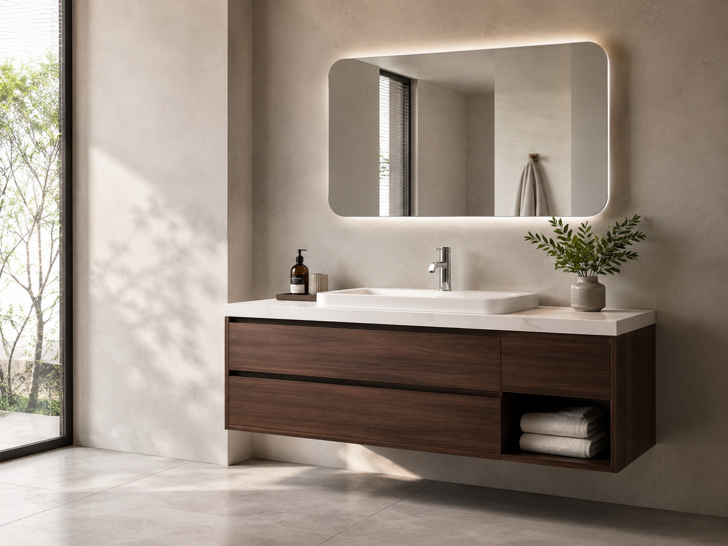 Yundor shower system in a warm stone bathroom